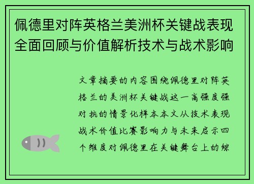 佩德里对阵英格兰美洲杯关键战表现全面回顾与价值解析技术与战术影响