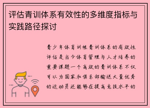 评估青训体系有效性的多维度指标与实践路径探讨